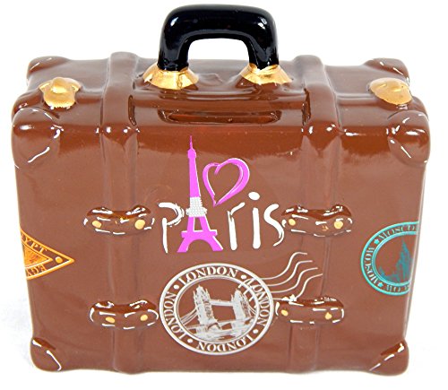 Spardose Reisekoffer braun London Paris Moskau Rom New York Ägypten lustige Sparbüchse im Koffer Design - 2