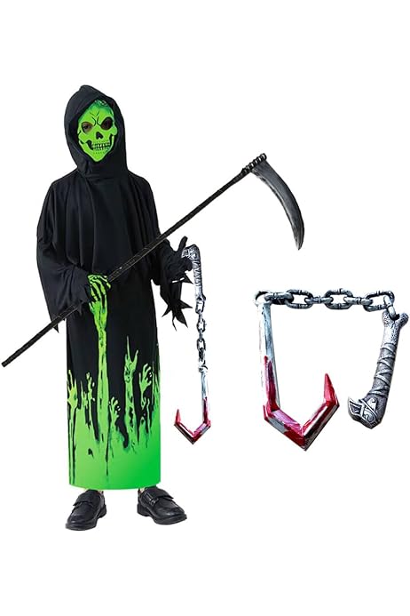 Sensenmann Kostüm Für Kinder – Komplettset Mit Sense, Kapuze, Brille & Mehr, Für Halloween & Karneval