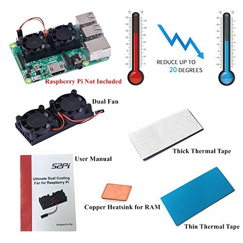 GeeekPi Ventilador de refrigeraci  n CPU silencioso Ventilador de ventilador doble Ventilador Disipaci  n de calor con 2 paquetes Kit de enfriamiento de cinta t  rmica para Raspberry Pi 3 2 Modelo B  Se adapta a Retroflag Nespi NES Case y NESPI CASE PLUS  V1 0 No para Pi 3B   