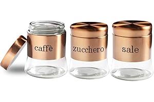 BUYSTAR Tris Set 3 BARATTOLI, Porta Sale, Zucchero, caffè, Set BARATTOLI in Vetro con Tappo in Acciaio Inox, Tris Barattoli da 750ml, Color Rame