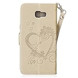 FESELE Schutzhülle für [Samsung Galaxy A7 2017] Brieftasche Hülle Liebe Herz Schmetterling Blume Leder Tasche Flip Case Handyhülle mit Standfunktion und Magnetverschluss, Samsung Galaxy A7 2017 Flip Wallet Hülle Bookstyle Kartenfach Ledertasche Leder-Mappen-Karten-Slot-Abdeckung für Samsung Galaxy A7 2017 + Blau Eingabestift Stylus Touch Pen-Herz,Golden - 2