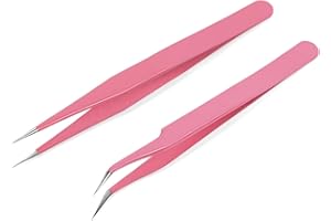 KINDOYO 2 Pcs Eyelash Extension Tweezers - Stainless Steel Straight and Curved Tip Tweezers, Nail Art Tweezers, Pink Eyelash Tweezers False Lash Application Tool for Eyelash Extensions