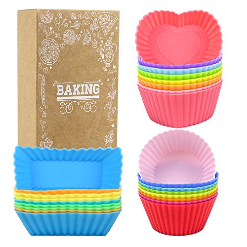 Goodlucky365 24 Stück Silikon Muffinform Backform Cupcake Muffinförmchen Silikon Muffin Form(8 Stück Rund, 8 Stück Herz, Stück Rechteck) Hitzebeständig 480°F Backenform