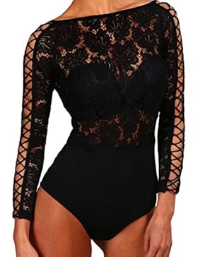HO-Ersoka Damen Body Frauen Teddy langarm blickdicht Spitze Kreuzmuster schwarz