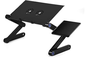 DIOCHE Table de Lit Pliable pour PC, Support Bureau d'ordinateur Portable Inclinable en Aluminium, Support de Lecture Inclinable pour Canapé, Livre avec Cadre de Souris et 2 Ventilateurs de Refroidissement