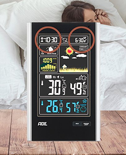 ADE Wetterstation WS 1600 mit Funk und Außensensor – digitale profi Funkwetterstation in schwarz – präzise Vorhersage der Innen- und Außen-Temperatur – mit großem Farb-Display, USB-Port und 1 Sensoren - 8