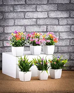 Ethnic Karigari Artificial Flower Pots Faux Plants with Pot Set of 6 Small Size Studio Plants for Home Decor, Living Room, Balcony, Multicolor
