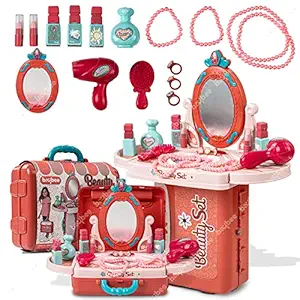 Baybee 3 in 1 Kids Beauty Makeup Kit Set Toys for Girls, Convertible Dressing Table & Portable Suitcase, Pretend Play Toys with Make up Accessories, Role Play Kids Toys 2+ Years Girls (Pink)