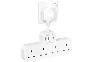 Multi Plug Extension Socket with 4 USB (2 Type C), ANVODE 4 Way Plug Adaptor with Short Cable, Adapter Plug UK Turn 1 to 8, Short Extension Lead Power Strip for Bedroom, Office, Kitchen. White