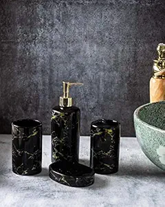 SUNBLINK? Italian Concept Toothbrush Holder, Tumbler, Soap Dish & Dispenser Ceramic Durable 4 Piece Luxury Bathroom Set (Black) (Golden Black)