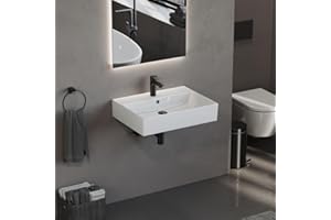 ‎AQUA BAGNO Aqua Bagno 60 cm Keramik Waschbecken Bad – modernes Aufsatzwaschbecken fürs Badezimmer, rechteckiger Waschtisch mit dünnem Rand zur Wandmontage, pflegeleichte Oberfläche, platzsparendes Eckwaschbecken