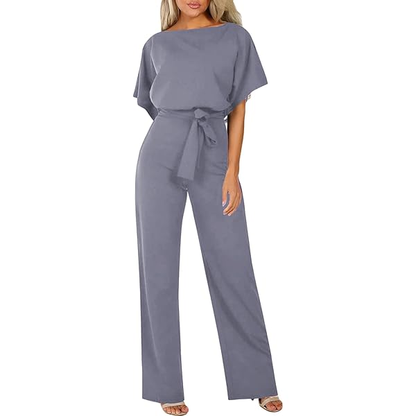 Kanpola Jumpsuit voor dames, elegant, lang, feestelijk, bruiloft, zomer, korte mouwen / lange mouwen, playsuit, brede pijpen, romper met riem, 11, beige, 42