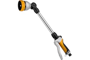 RESTMO 48cm Watering Lance, Hose Pipe Spray Gun, Long Metal Spray Lance | 180° Adjustable Ratcheting Head | 7 Spray Patterns Garden Hose Wand, for Water Hanging Baskets, Shrubs, Yellow