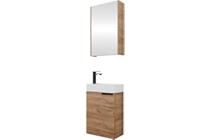 Planetmöbel Waschtischunterschrank mit Spiegelschrank Badmöbel Set 40cm für Badezimmer Gäste WC Gold Eiche