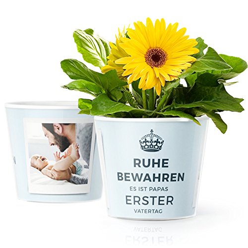 Blumentopf (ø16cm) | Geschenk zum ersten Vatertag mit Rahmen für zwei Baby Fotos (10x15cm) | Ruhe bewahren es ist Papas Erster Vatertag