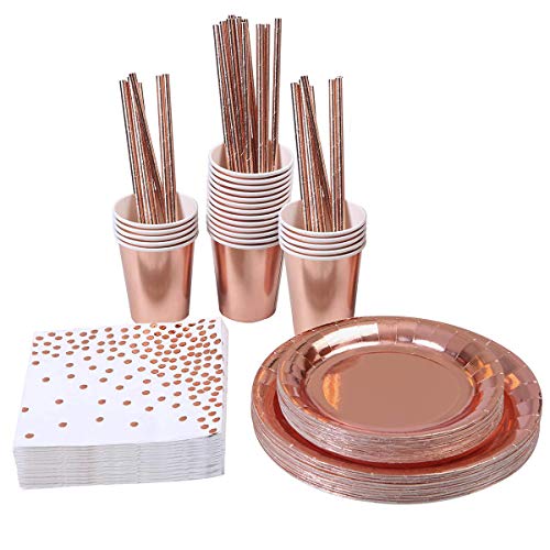 VEYLIN 147 Pack 9 Ounce Rose Gold Tableware Set Disposable Foil Paper Cups Straws Plates Napkins for Weddings, Hen Party Supply