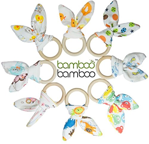 Organic Bamboo Bunny Ears Wooden Teething Rings and Sensory Baby Toy 2-Pack Soothes Sore Gums While Promoting Fine Motor Skills and Hand-Eye Coordination (Teddy Train)