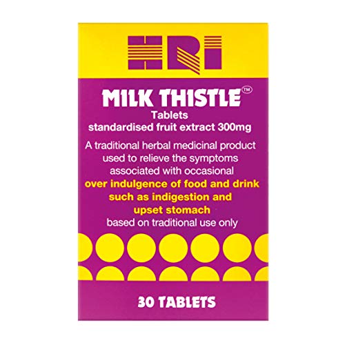 HRI Milk Thistle 300 Milligrams Tablets. To Relieve the Symptoms of Overindulgence of Food and Drink, Indigestion, Upset Stomach. 30 Tablets