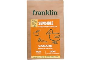 Franklin – Croquettes Chien sans Céréales – Gamme Protéinée – avec 70% de Canard – Mono-protéine – Digestion Facile – Taille 8mm – 1 kg