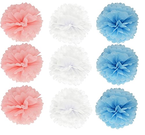 Veewon 9 x hängen Tissue Papier Pom Poms Blume für Hochzeit Party, Geburtstag und Baby Dusche Dekoration, in 10 Zoll (Blau+Rosa+Weiß) - 3
