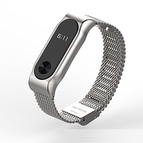 Pinhen MI Band 2 Banda de Silicona Metal Mesh Repuesto Correa de Recambio Brazalete Extensibles Surtido de Colores para Xiaomi Mi Band 2 Wireless Pulsera  Mesh Silver 