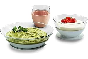 BÉABA & Duralex, Coffret Repas Enfant en Verre, Assiette, Bol, Verre avec Ventouse Silicone, Ergonomique, Evolutif, Sain, Durable, Made in France, Eucalyptus