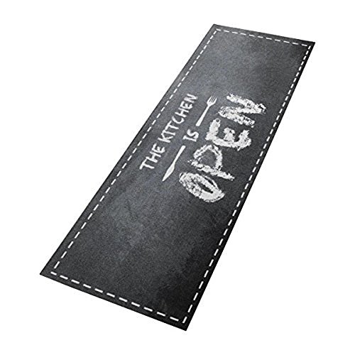 Küchenläufer / Küchenmatte / Dekoläufer für Küche und Bar / Teppich / Läüfer / Läufer / waschbare Küchenläufer / Küchendeko Modell ,,COOK & WASH - the Kitchen is open - " Größe ca. 50 x 150 cm / Maschinen waschbar auf 30 grad