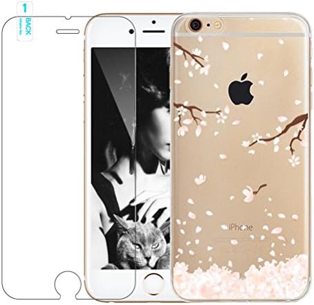 iPhone 6 6S Case with Free Tempered Glass Screen Protector Film, Bestsky Pretty Cherry Blossoms Series Soft Clear TPU Cover Ultra Thin Jelly Protective Case for Apple iPhone 6/6S 4.7 inch - Falling White Petals