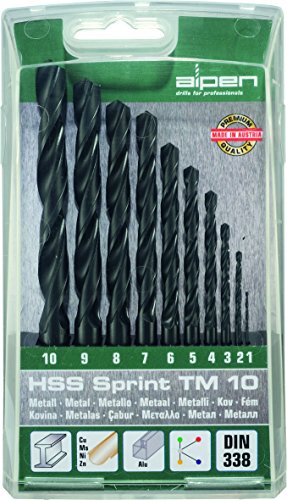 alpen HSS Sprint Spiralbohrer, kurz, DIN 338, Durchmesser 1-10 x 0,1 mm als 10-teiliger Satz in der Kunststoffkassette, 801092100