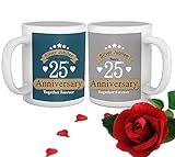 TIED RIBBONS Ceramic 325ml Silver Jubilee 25th Wedding Anniversary Printed Coffee Mugs with Rose (Multicolour) Set Of 2