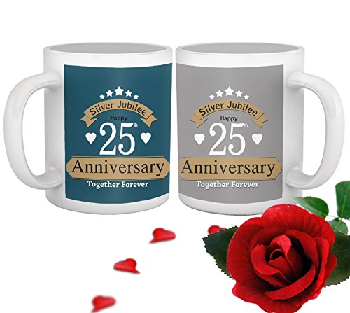 TIED RIBBONS Ceramic 325ml Silver Jubilee 25th Wedding Anniversary Printed Coffee Mugs with Rose (Multicolour) Set Of 2
