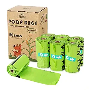 Compostable Dog Poop Bags - 90 Count, 6 Refill Rolls | Vegetable-Based Eco-Friendly Dog Waste Bags for Dogs and Cat
