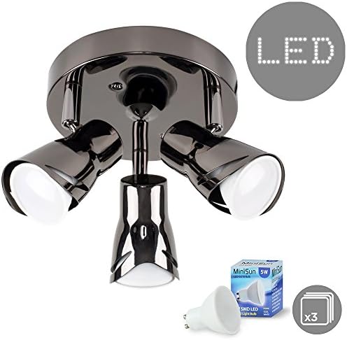 MiniSun | Contemporary Black Chrome Adjustable 3 Way Round Plate Ceiling Spotlight | Ceiling Spots, Home Décor & Improvement Essential | Includes 5W LED Bulbs [6500K Cool White]