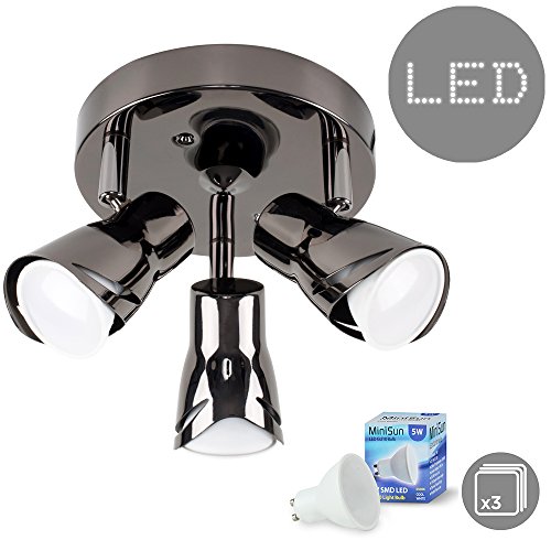 MiniSun | Contemporary Black Chrome Adjustable 3 Way Round Plate Ceiling Spotlight | Ceiling Spots, Home Décor & Improvement Essential | Includes 5W LED Bulbs [6500K Cool White]