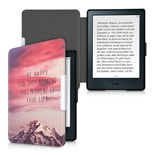 kwmobile Hülle für Amazon Kindle (8. Generation) – Flipcover Case eReader Schutzhülle – Bookstyle Klapphülle Be Happy Design Rosa Violett Koralle - 5