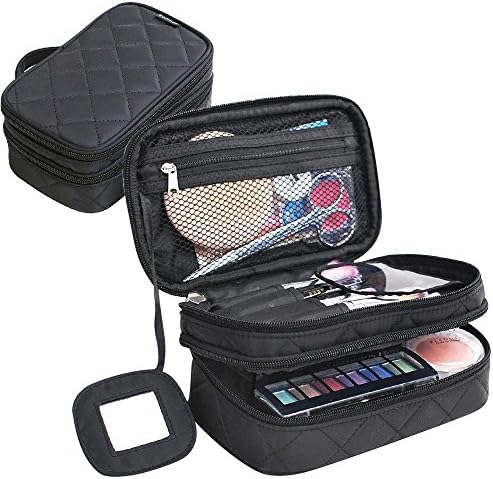 Meeya Multifunctional 2 layer Make Up Bag Black Cosmetic Makeup Brush Organizer with Carry Handle for Travel & Home