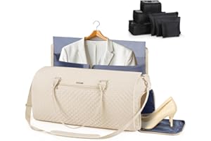 Lekeinchi Sac à Vêtements 2 en 1 pour Femme avec 6 Cubes de Rangement et Compartiment à Chaussures - Sac de Sport pour Avion - Grand Sac de Voyage Pliable pour Week-End, Voyage, Gym - Beige