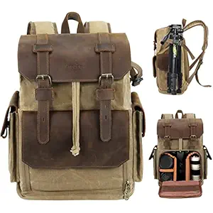 Endurax Canvas Camera Backpack for Photographers Waterproof for Men Women DSLR Camera Bag with 15.6 inch Laptop Compartment Vintage Durable Genuine Leather
