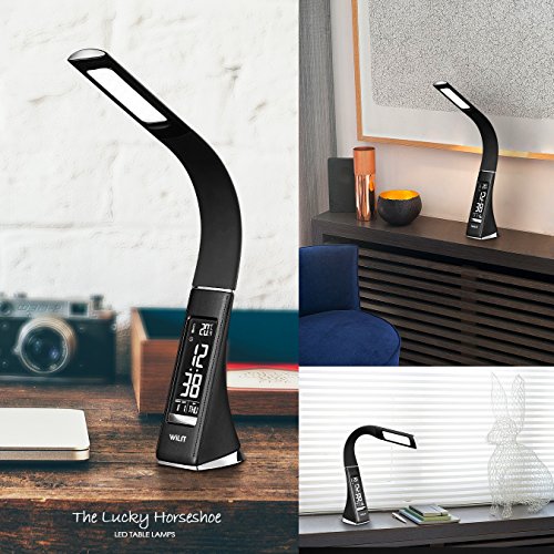 WILIT® U2 5W edle und moderne LED Schreibtischlampe in Lederoptik mit integriertem Wecker, Kalender, Uhrzeit und Temperaturanzeige, in 3 Helligkeitsstufen verstellbar, schwarz - 2