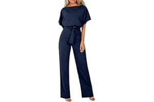HOOUDO Jumpsuits for Women UK Elegant Summer Short Sleeve Playsuits Ladies Plain Casual Wide Leg Pant Belted Romper Formal Wedding Overalls Baggy One Piece Outfits Dungarees