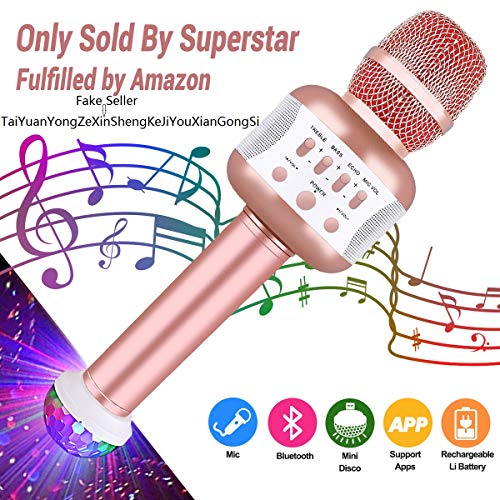 micrófono sin hilos Bluetooth, altavoz micrófono karaoke Bluetooth micrófono batería AUX portátil 4.1 Altavoz Inalámbrico Karaoke para PC, Laptop, iPhone, iPad, Smartphones Android, oro rosa