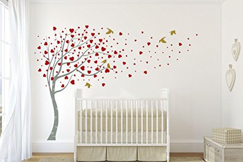 The Large Elegant Love Tree. Quality Vinyl Matte Wall Decal Sticker (h. Mid Grey with Wine Red &amp; Gold)