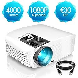 Proyector HD, ELEPHAS 1080P LCD Video proyector Full HD con 4000 lúmenes, Cine en casa con una Pantalla de 200 Pulgadas, Compatible con HDMI VGA AV USB Micro SD, Blanco
