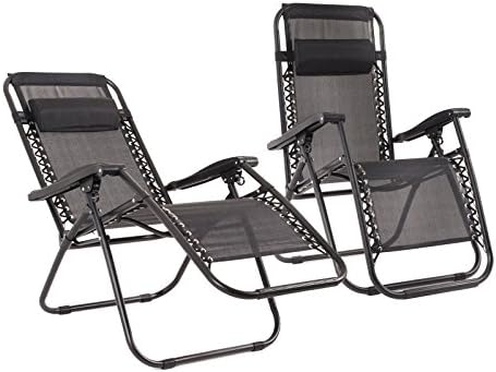 2Pc Black Textoline Zero Gravity Reclining Deluxe Garden Sun Lounger Deck Chairs