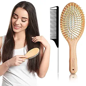 Sanas Wooden Hair Brush With Metal Tail Comb 2 Pcs Wooden Comb Hair Brushes For Women Wide Tooth Comb Detangling Brush Paddle Brush Tangle Teezer Flat Brush Blow Brush Curly Hair Brush