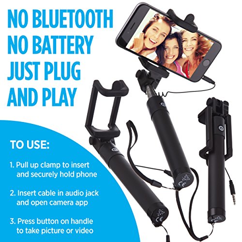 Power Theory Selfie Stick [No Bluetooth] for iPhone 6S 6 Plus 5 5s 5c + Samsung Galaxy S7 S6 S5 S4 S3 Android/Apple Phones (Black)