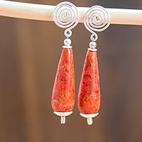 Große lange Edelstein-Ohrringe mit hellroter echter Schaum-Koralle und Sterling-Silber / Handarbeit / Unikat / Korallen-Ohrringe