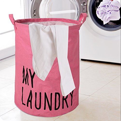 Wäschekorb mit Deckel, Soriace® Faltbar Baumwoll-Leinen Wäschekiste / Spielzeug Aufbewahrung / Kleidung Halter / Wäschesammler / Wäschebox / Wäschetonne / Wäschekorb Kinderzimmer ( Runde, Rosa ) - 2