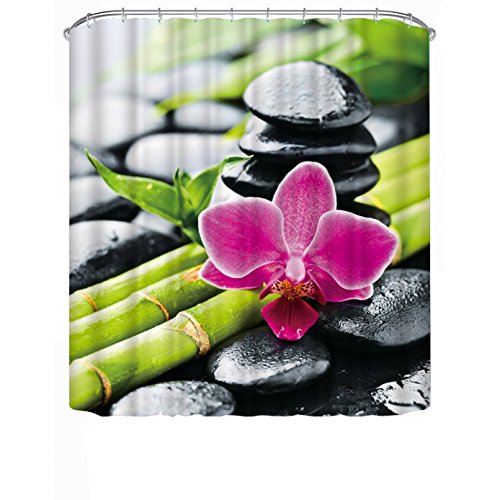 fourHeart Natürliche Landschaft Badvorhang „STONES, BLUME und BAMBOO“ Duschvorhang 180 x 180cm mit 12 Vorhangringe - 2