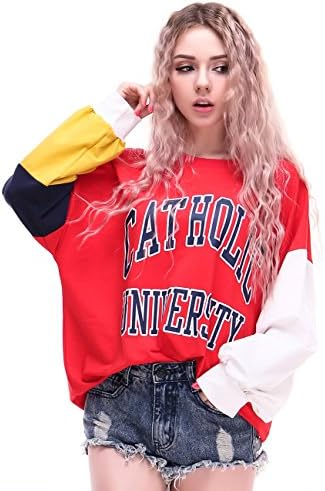 Yabliss Fleece Sweatshirts Color Block Long Sleeves Letters Printed Pullovers Red